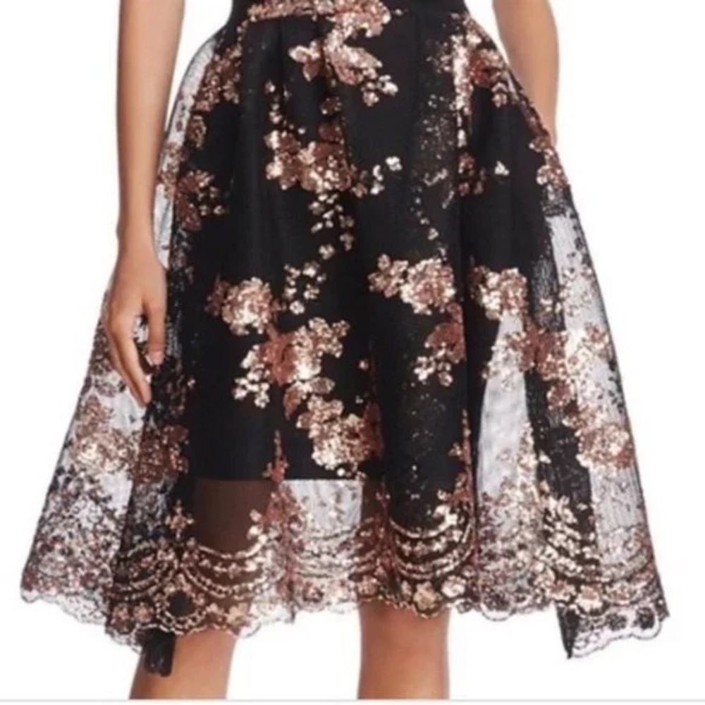 Maje Elegant Black Lace and Rose Gold Sequin Skirt Sz 3